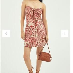 NWT! Anthropologie Blue Tassel Strapless Tie Front Red/Cream Mini Dress. Size M